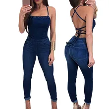 Women Sexy Sleeveless Strap Spaghetti Strap Denim Jumpsuits 2019 Summer Solid Casual Rompers Pencil Bodycon Overalls fashionable spaghetti strap flounce solid color denim dress for women