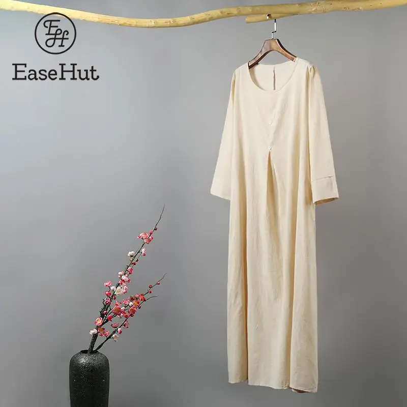 

EasHut Women Large Size Dress O Neck 3/4 Sleeve Solid Vintage Maxi Long Summer Dress Loose Casual Ethnic Sundress 2019 Vestidos