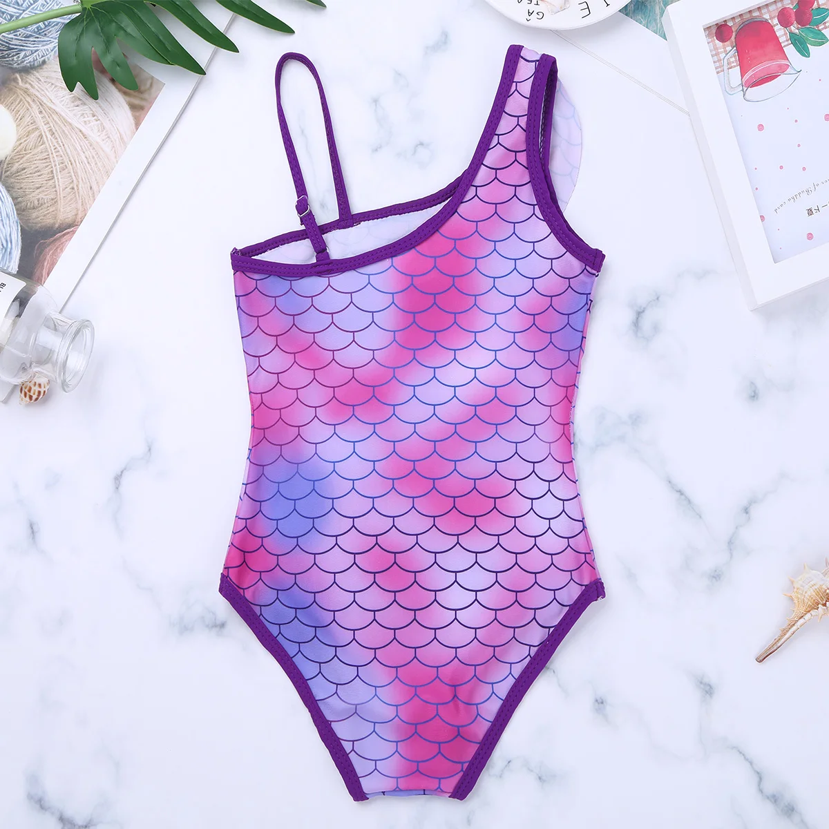 TiaoBug Children Girls One-piece Mermaid Scale Ruffle One-shoulder Swimsuit Kids Toddler Swimwear Stretchy Bodysuit Bathing Suit