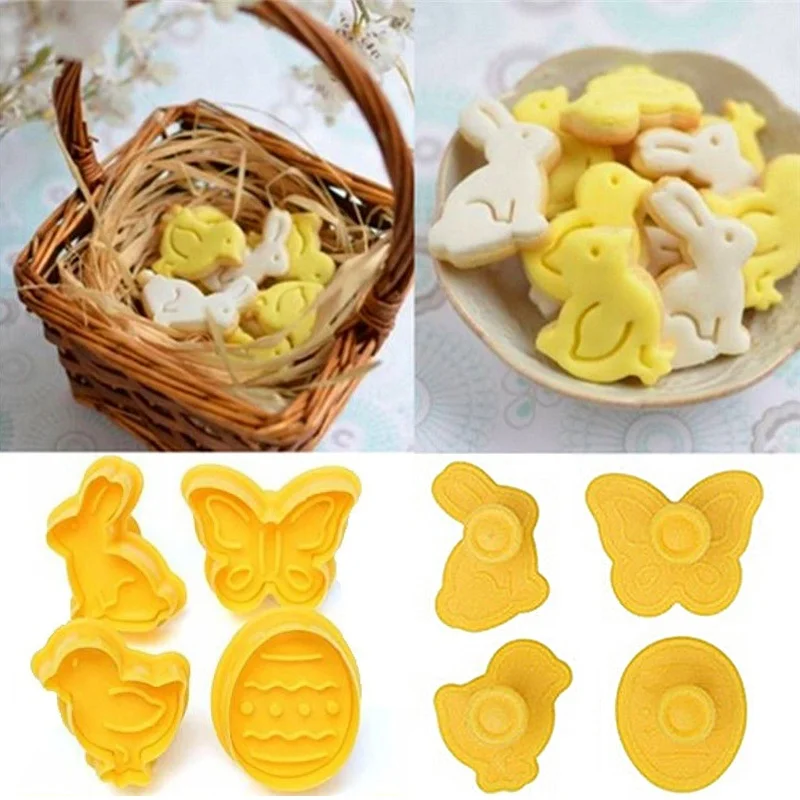 

4pcs/set Butterfly,Rabbit,Chick,Easter Egg Shape Animal Plastic Fondant Cookie Cutter Biscuit Cake Mold Cake Decoration D3