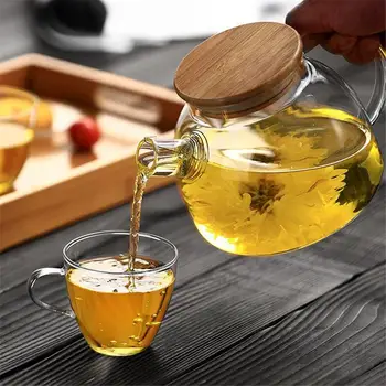 

600ML Heat Resistant Glass Teapot Bamboo Lid Filter Liner Kettle Stylish Flower tea pot