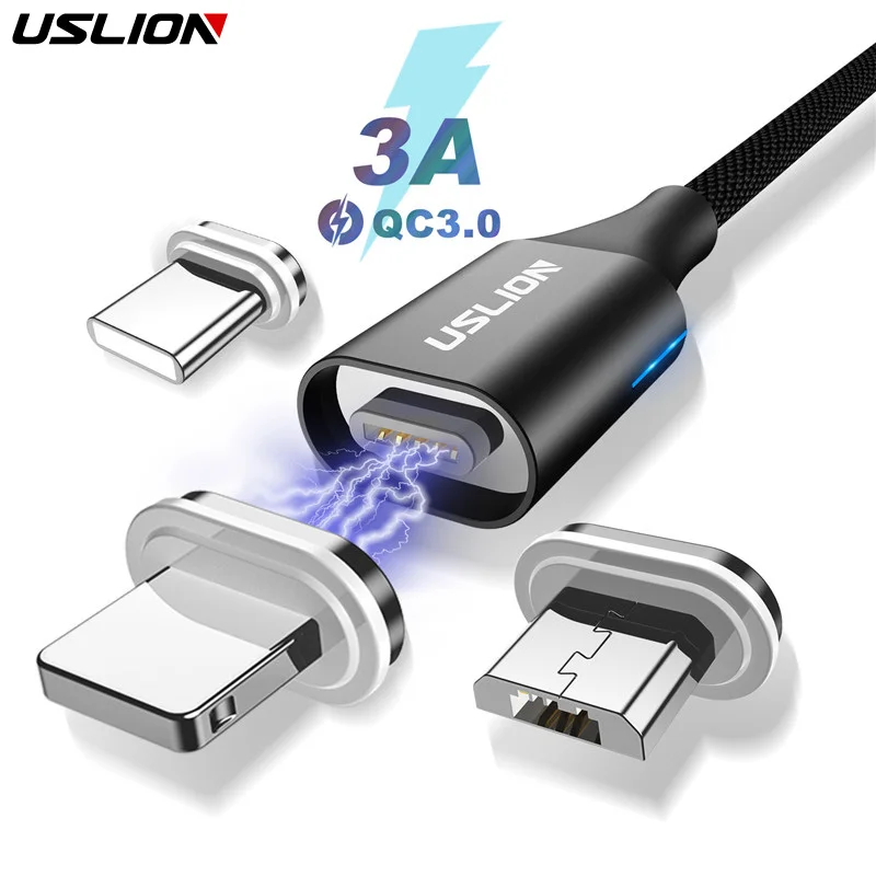 Магнитный кабель USLION 3A Micro USB Type C светодиодный магнитный для быстрой зарядки Samsung