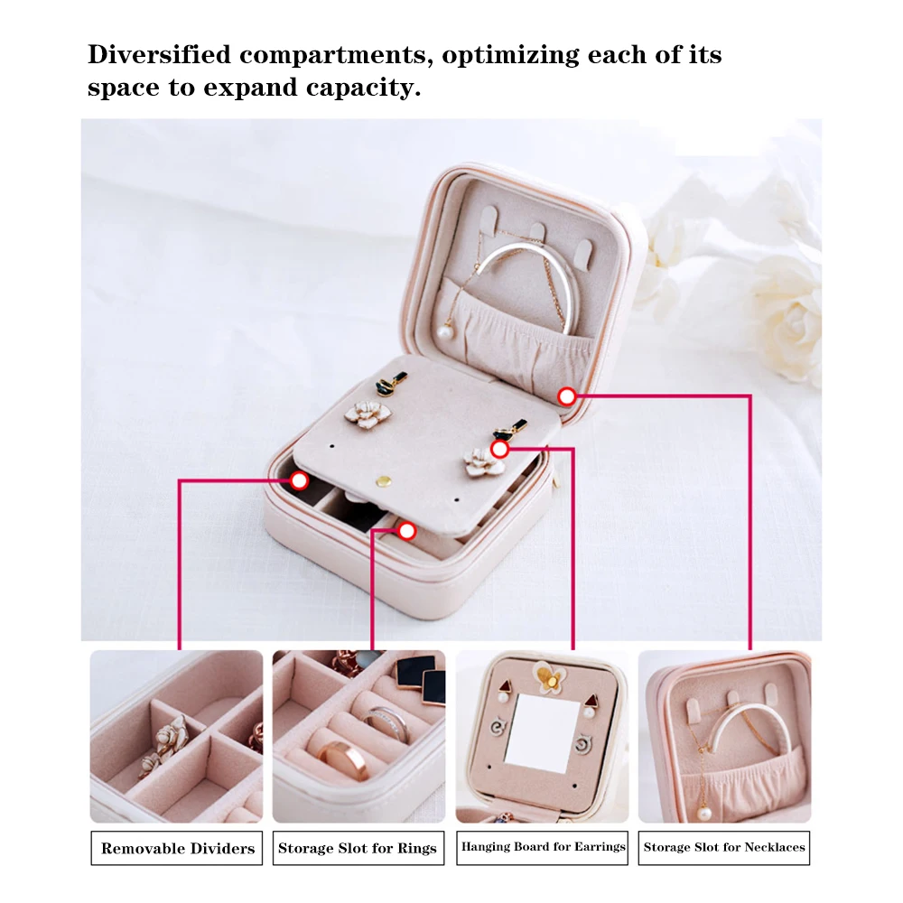Small Portable Travel Jewelry Box with Mirror Storage Case Organizer for Rings Earrings Necklaces