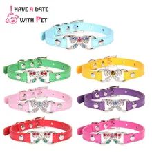 Personalized Bow With Rhinestones Small Dog Collar Leather Cat Collars for Kittens Pet Necklace tie for a cat accessories 