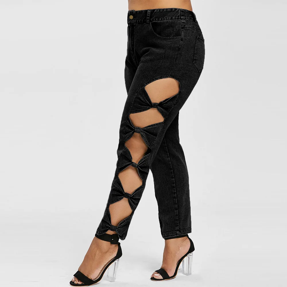 

Rosegal Plus Size High Waisted Skinny Jeans Women Sexy Hollow Out Pemcil Denim Plants Trousers Bow Black Ripped Jeans Femme 2019