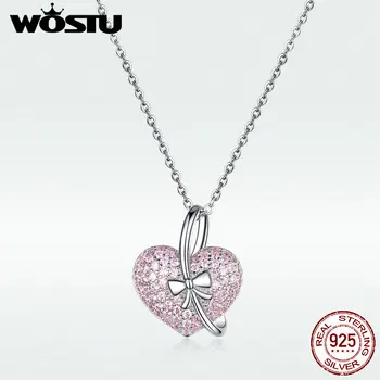 

WOSTU Hot Sale 925 Sterling Silver Necklace With Cute Pink Girl's Romance Love Heart CZ Pendant Necklace For Women DAN049