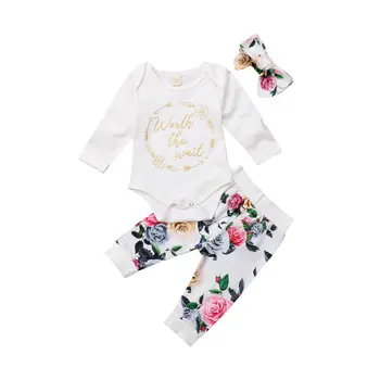

3Pcs Newborn Infant Baby Lovely Girls Cotton Tops Letter Romper+ Floral Pants+Handband Outfits Set Clothes
