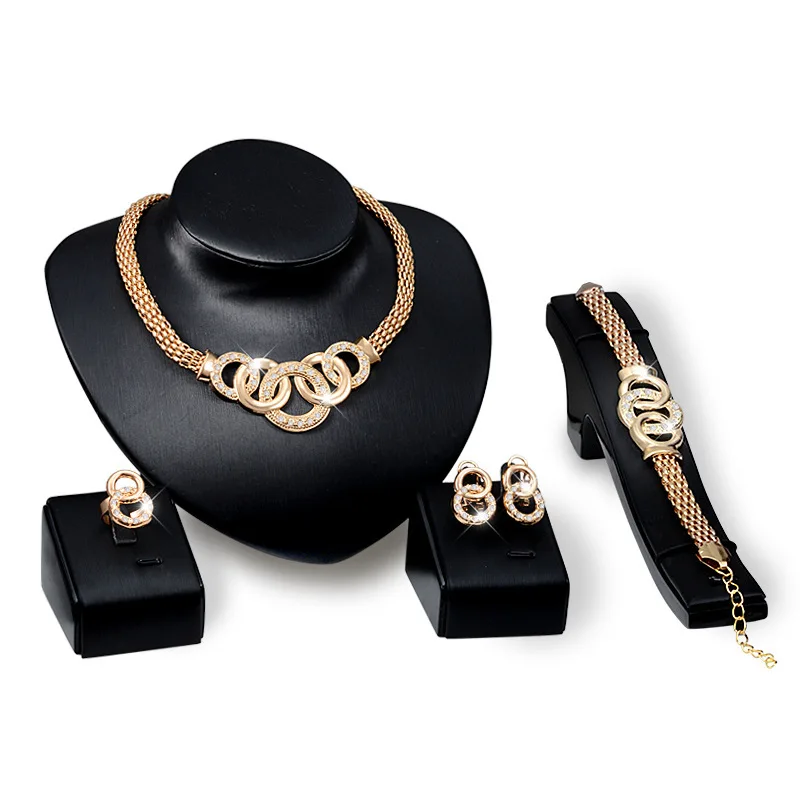 

Necklace Earrings Ring Bracelets Jewelry Sets For Women Gold Color Multiple Circle Fashion Accessories 4 Pieces