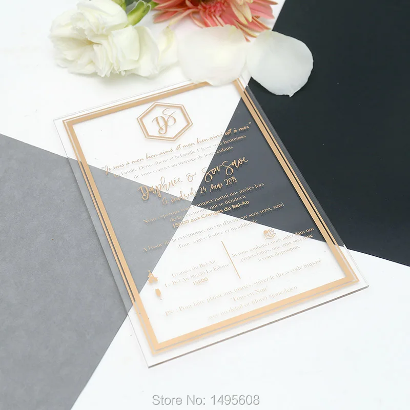 

Custom Modern Acrylic INVITATIONS weddings clear plexi black white gold luxury art deco Geometric calligraphy envelope for guest