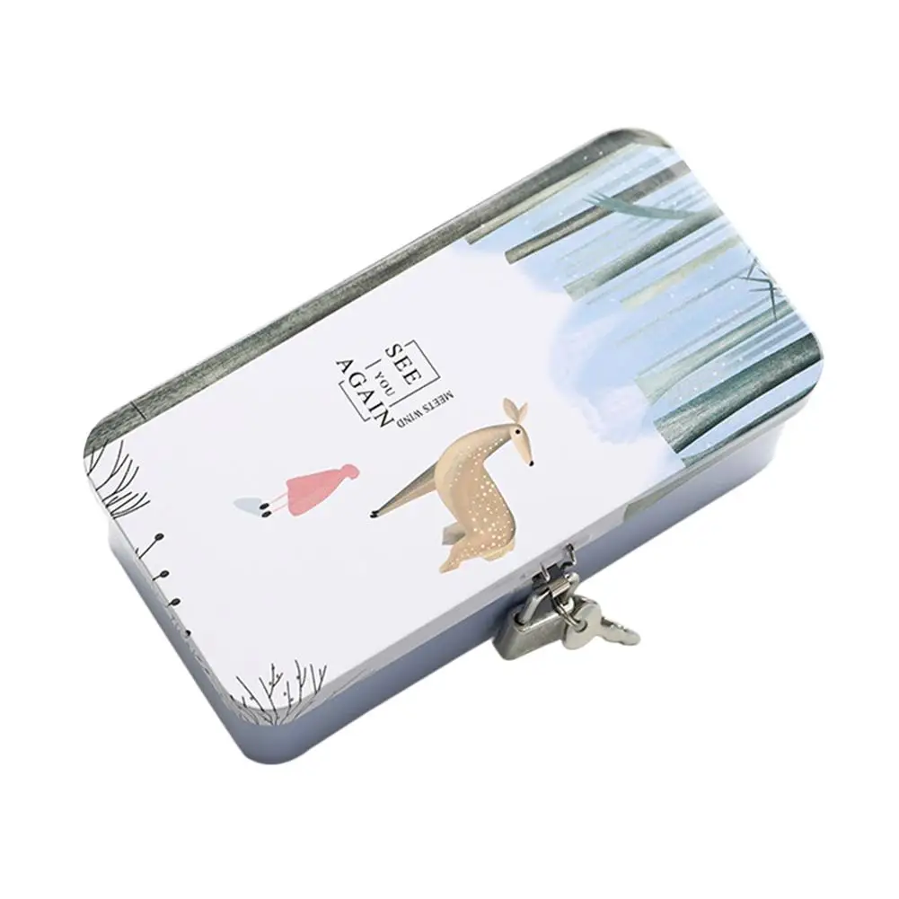 

Double-compartment Storage Box With Lock Fresh Desktop Stationery Cosmetics Storage Storage Box Innovative Tinplate Box