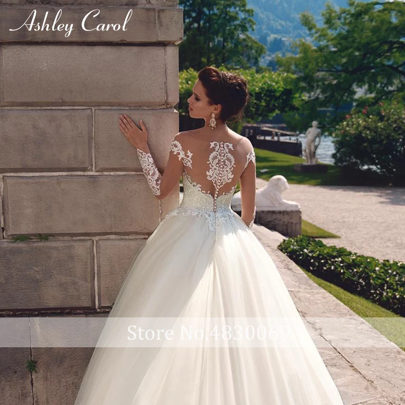 Ashley Carol Иллюзия А-силуэта свадебное платье невидимый вырез с длинным рукавом суд Поезд элегантное платье для невесты принцессы по индивидуальному заказу
