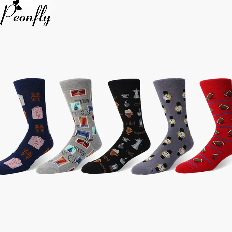 

PEONFLY Man Personality Printing Stamp Watch Coffee Beans Menswear Pattern Fashion Socks Casual Ventilation Cotton Sock