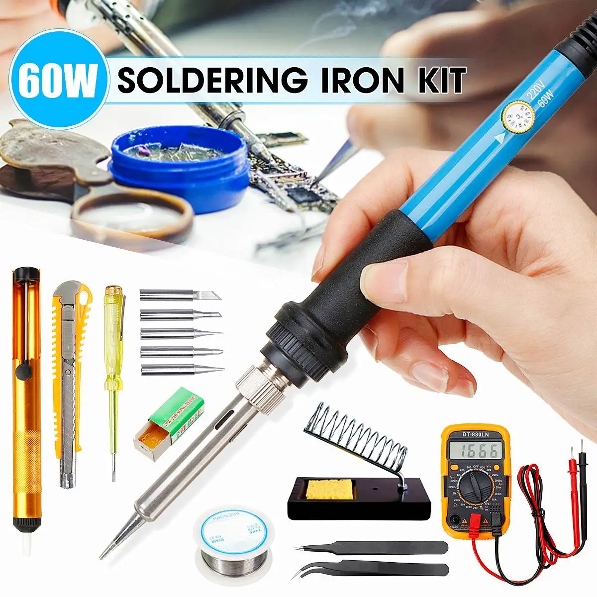 

Newest Adjustable Temperature Electric Soldering Iron Kit 60W 220V Welding Solder Station Heat Repair Tools +Digital Multimeter
