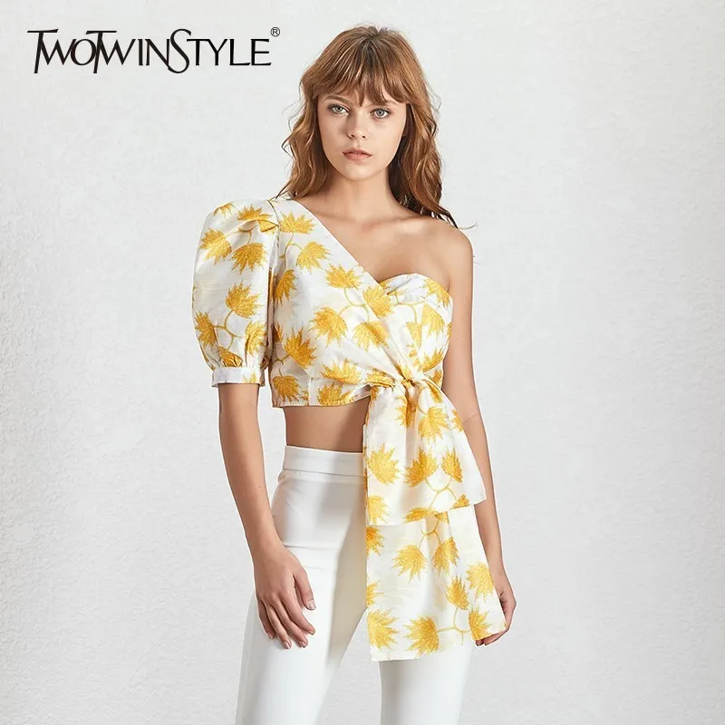 

TWOTWINSTYLE Casual Print Shirt For Women Puff Sleeve Off Shoulder Irregular Crop Tops Female Summer 2019 Fashion Clothes New