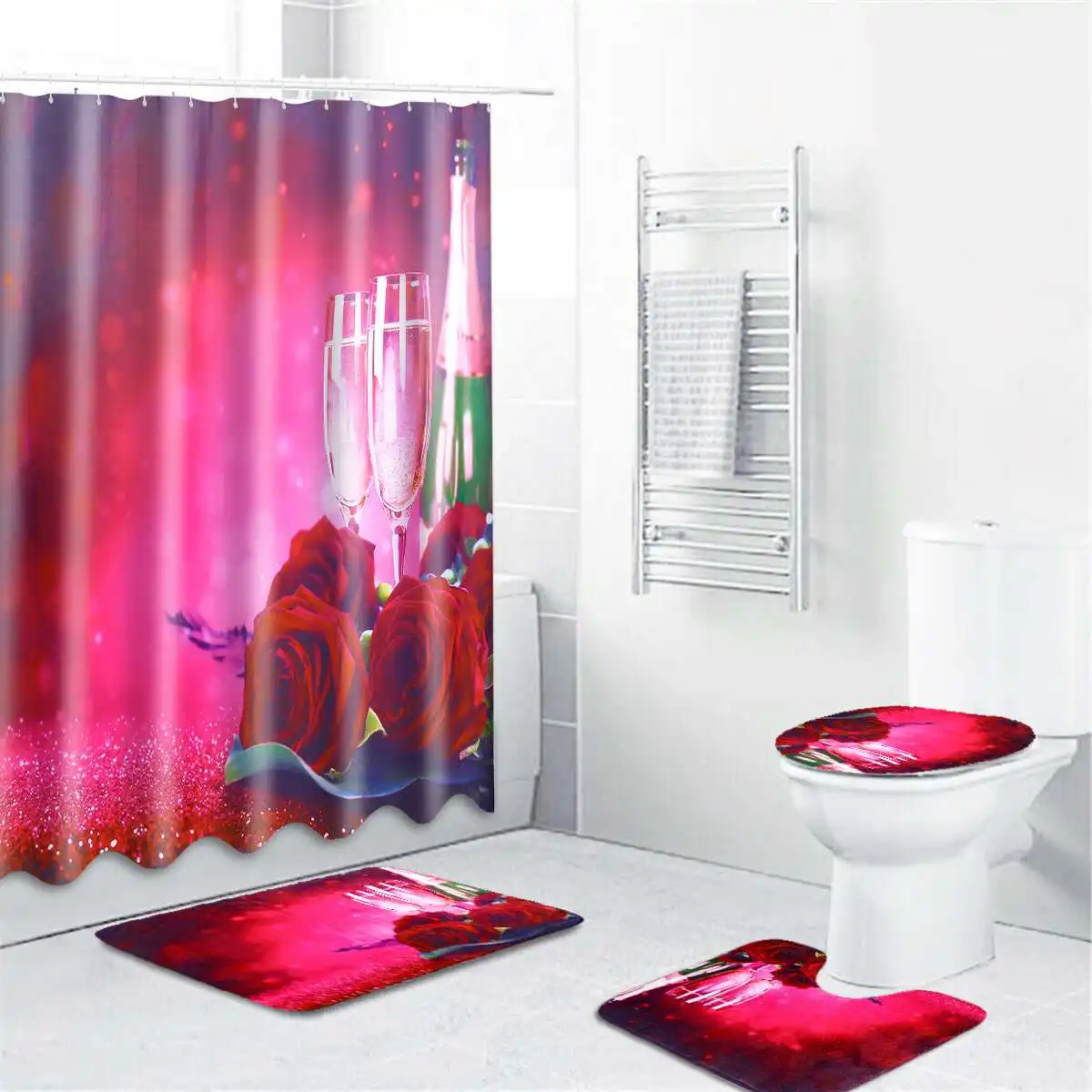 4pcs Set shower Curtain Polyester Waterproof Curtains Pedestal Rug Lid Toilet Seat Bath Cushion