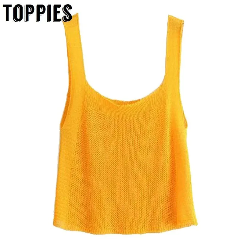 

2019 Summer Sleeveless Knitting Camisoles Square Collar Yellow Tops Ladies Slim T-shirt Sexy Tops