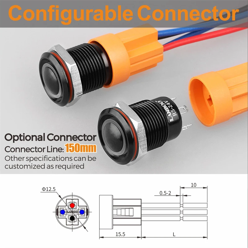 LANBOO черный корпус цвет головы 12 мм водонепроницаемый миниатюрный кнопочный переключатель с лампой 12V24V220V
