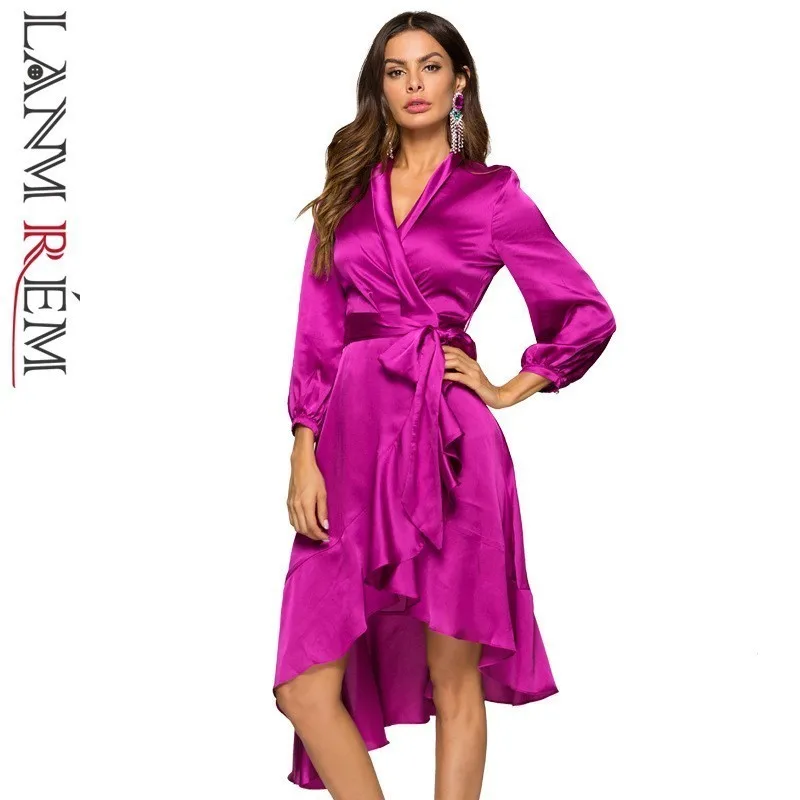 

LANMREM 2019 Spring New Ladies Bandage Waist Irregular Ruffles Long-Sleeve Dresses Female Stain Fabric Fashin Sexy Clothes YH499