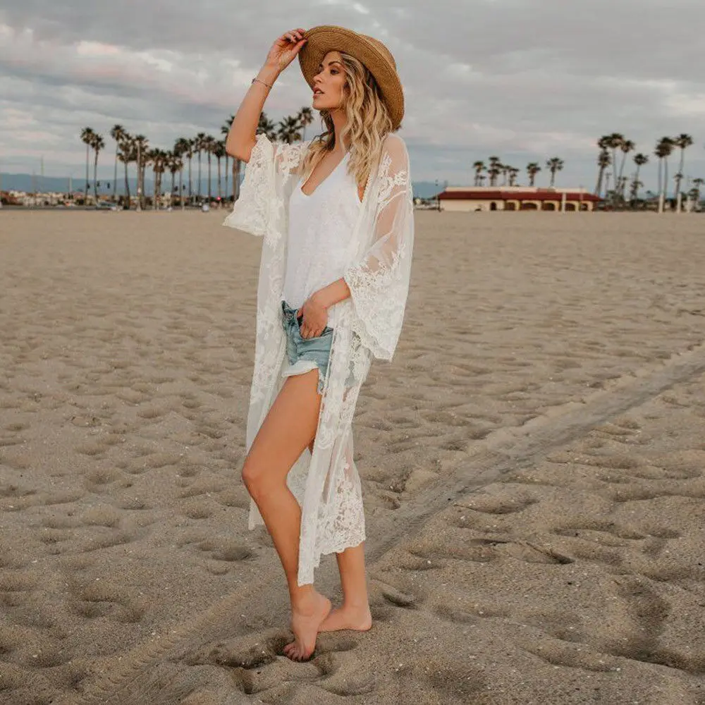 

2019 Newly Summer Beach Dress Women Lace Bikini Cover Up Cardigan Kimono Blouse Long Boho Dresses Black White
