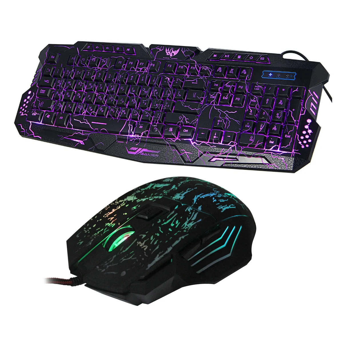 

J60 Russian+English Design Crackle pattern Mouse Keyboard Set Wired 3-color Backlight Keyboard+Colorful Backlight crack Mouse