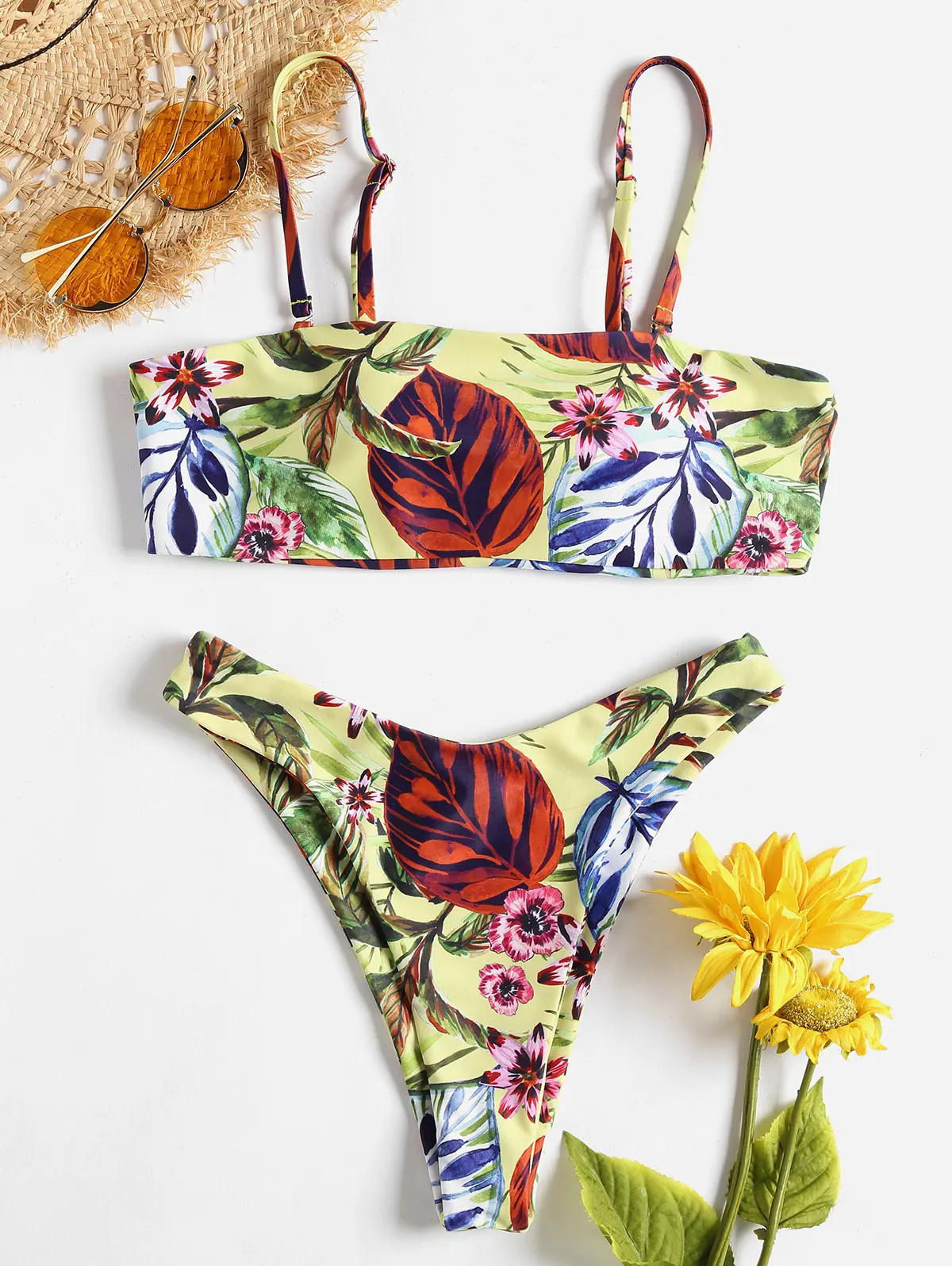 

ZAFUL Flower Jungle High Cut Bikini Padded Wire Free Bandeau Bikini Leaf Print Casual Beach Wear Women Summer Bathing Suit