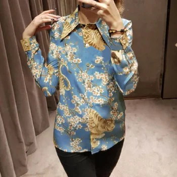 

2019 Spring Vintage Women BlueTiger Print Blouse Shirt Runway Designer Long Sleeve Female Party Holiday Blouses Tops Clothing