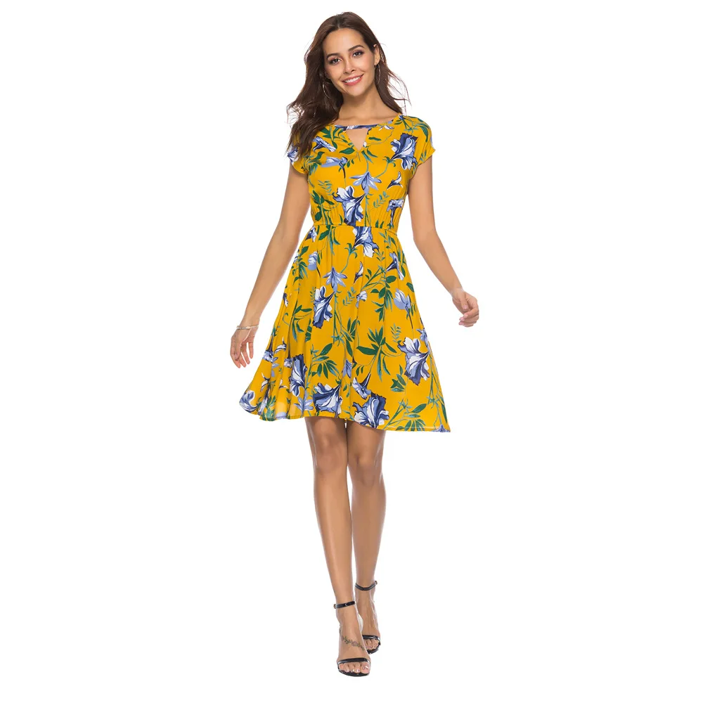 

Summer O Neck Women Mini Dress Floral Print Short Sleeve Dresses Party Vestido 2019 Elastic Waist Bohemian Beach Sundress Dress