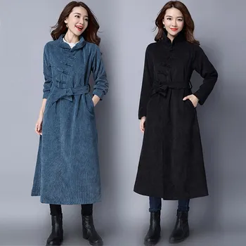 

Winter new windbreaker women national literary wind female dress loose long solid color corduroy belt buckle middle long coat