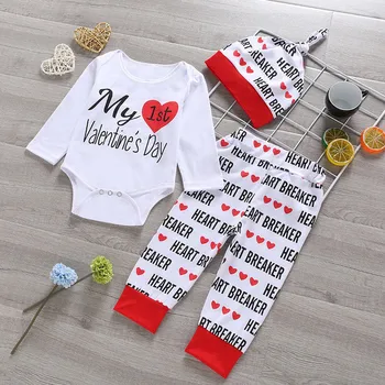 

My First Valentine's day baby girls children clothes cotton spring Winter heart Print Pants Hats boutique Outfits Kids Clothes