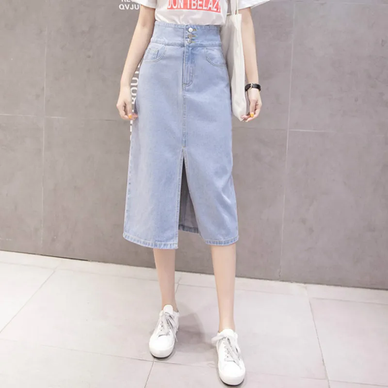 Новинка, Женская Повседневная прямая Джинсовая юбка миди, весна-лето, с пуговицами, с разрезом, высокая талия, до середины икры, Женская юбка, элегантная мода