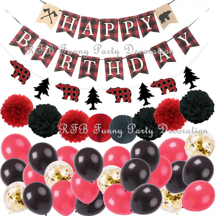 Lumberjack Party Happy Birthday Woodland Bear Banner Paper Balls