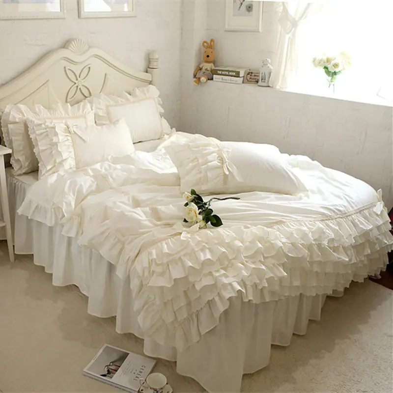 - Embroidery Luxury Bedding Set Beige Lace Cake Layers Ruffle Duvet Cover Quality Fabric Bed Sheet Bedspread Elegant Bed Skirt