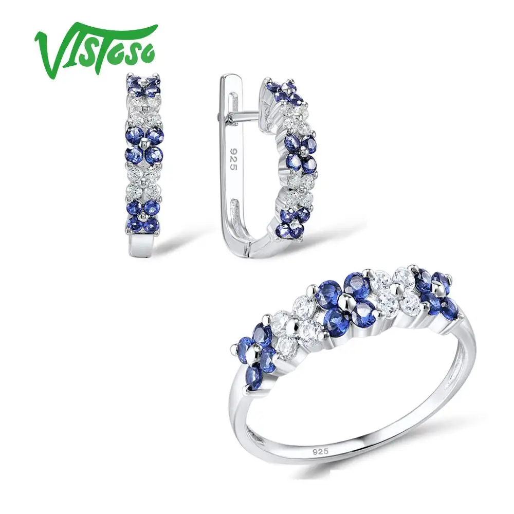 

VISTOSO Jewelry Sets For Woman Blue Cubic Zirconia White CZ Jewelry Set Earrings Ring 925 Sterling Silver Fashion Fine Jewelry