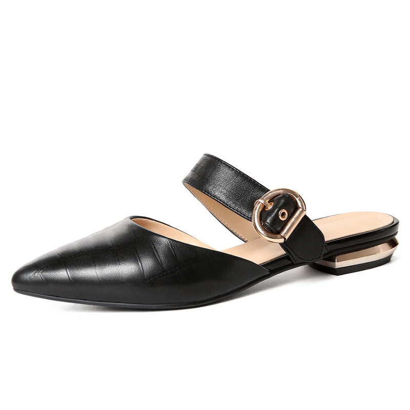 

Genuine Leather Women Mules 2 CM Low Heels Sexy Pointed-toe Summer Style Slippers Woman Buckle Shoes Box packing 5203