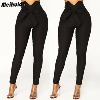 

Fashion Women's High Waist Casual Trousers Ladies Party Long Slim Skinny Pants Bandage Elastic Pencil Trousers With Sashes