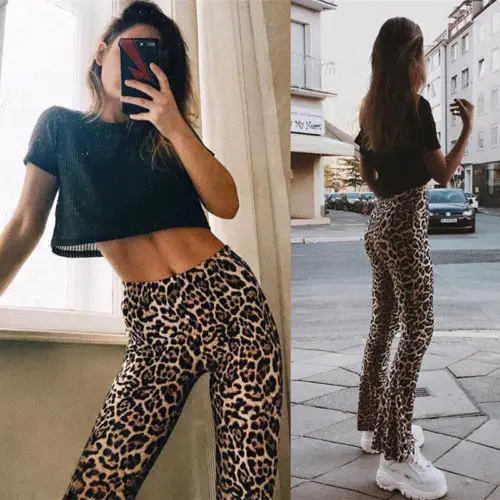 Для женщин Высокая талия Slim Fit повседневное Leopard Длинные брюки для девочек пикантные расклешенные мотобрюки Клубная одежда