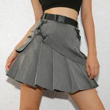 Женская сексуальная школьная мини плиссированная юбка в готическом стиле с поясом и карманами, короткое платье с лентами, Harajuku, уличная одежда, хиппи, лето