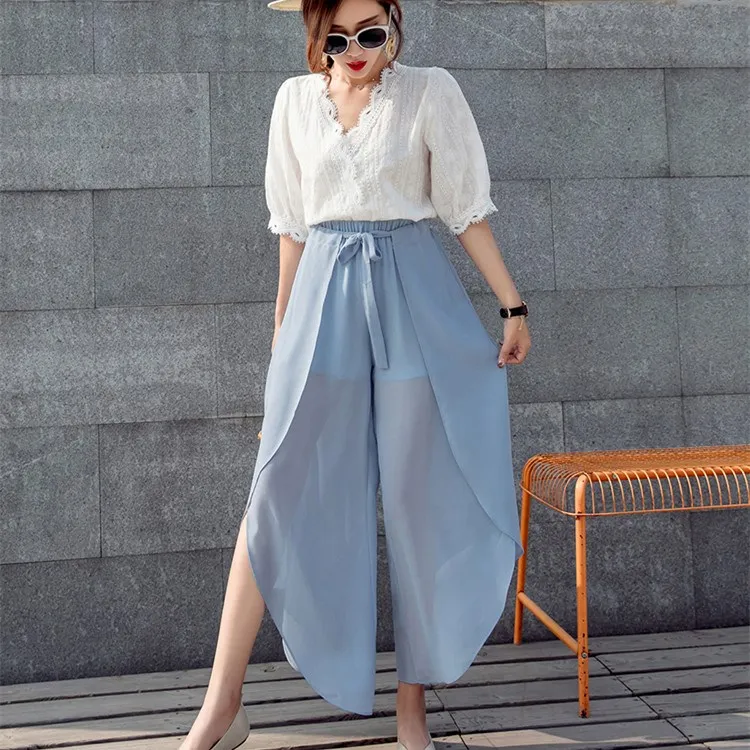 

2019 Summer Chiffon High Waist Pants Women Boho Beach Elastic Ruffle Wide Leg Pants Bow Casual Loose Trousers