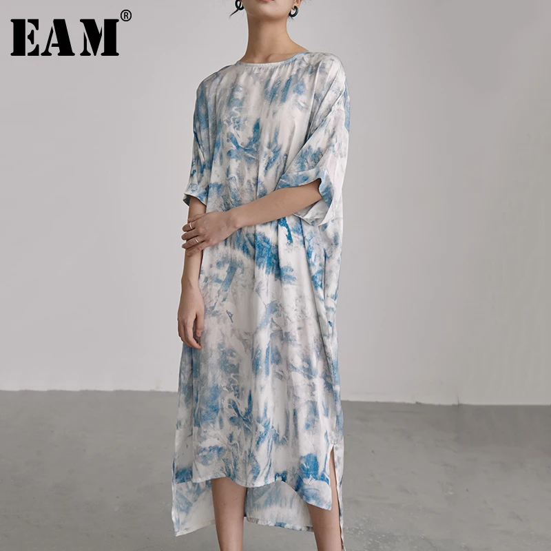 

[EAM] 2019 New Spring Summer Round Neck Half Sleeve Blue Pattern Printed Loose Long Big Size Dress Women Fashion Tide JT059