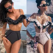 Летний Для женщин купальник пуш-ап Мягкий рюшами в горошек бюстгальтер пикантный комплект бикини купальники купальные костюмы купальники