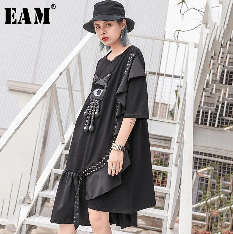 

[EAM] 2019 New Spring Summer Round Neck Short Sleeve Three-dimensional Ruffles Pleated Big Size Dress Women Fashion JT579