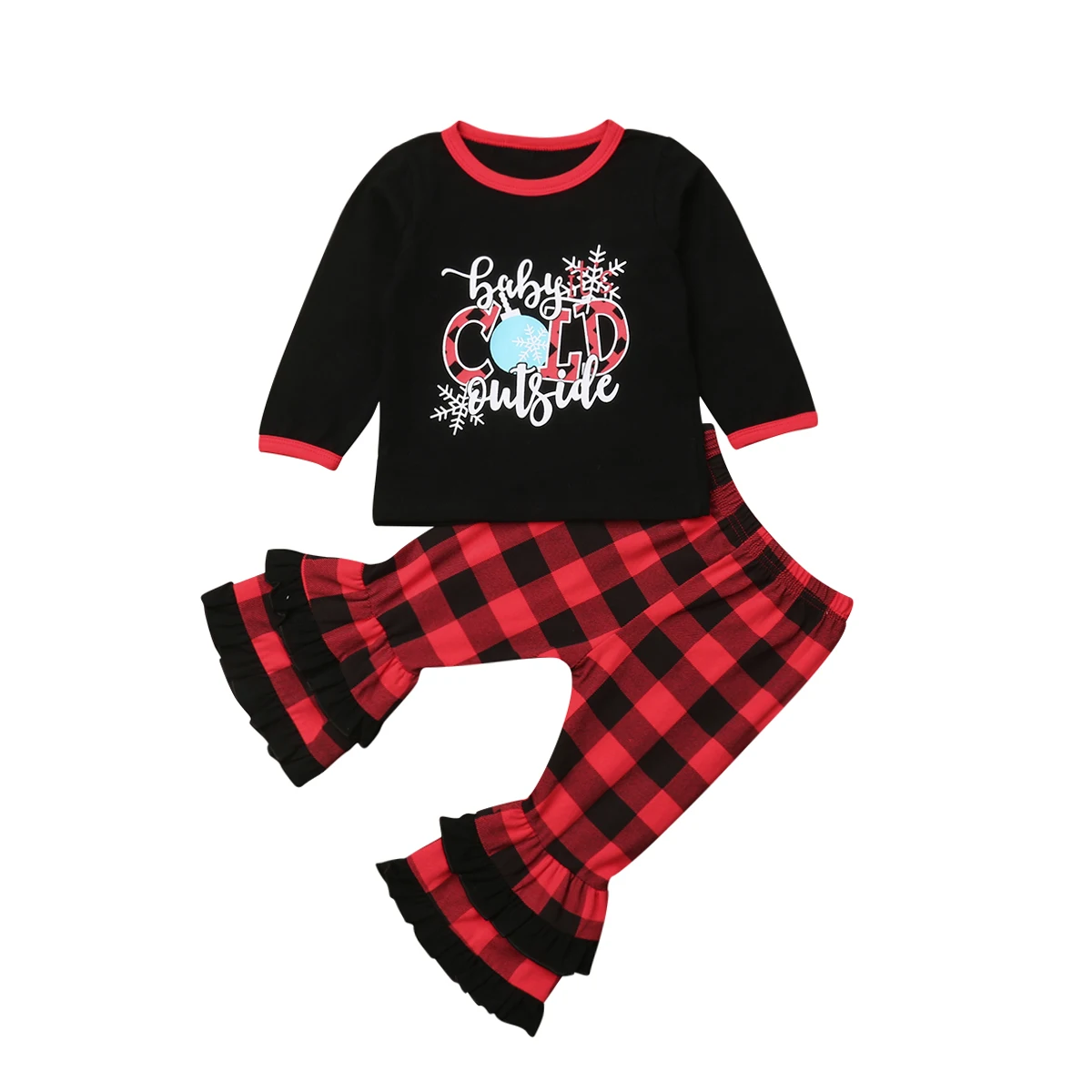 

Christmas Outfit Set Newborn Baby Girls Clothes Infant Long Sleeve Snowflake T-shirt + Plaid Ruffle Pants