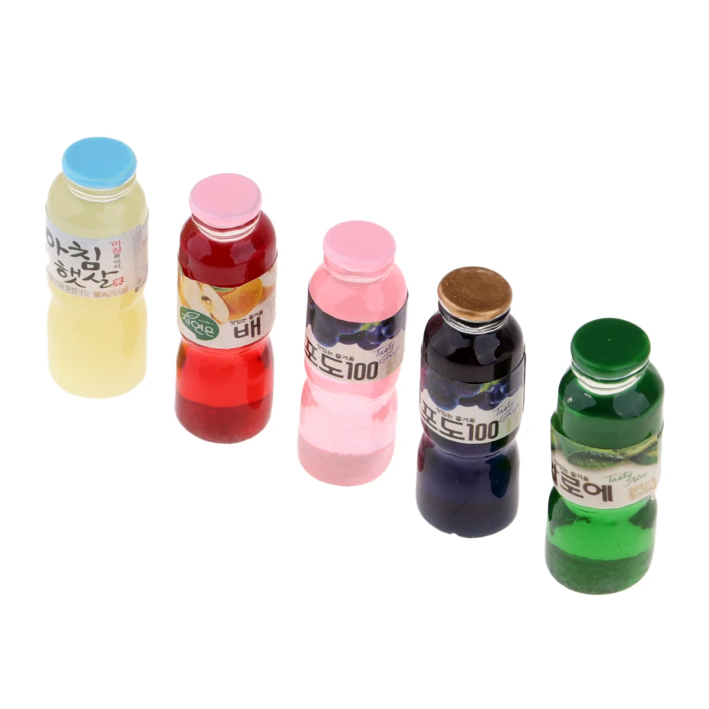 

1/12 5 Pieces Dollhouse Miniature Wine Beer Cocktail Champagne Juice Soda Soft Drink Juice Bottles Model Set Toy Decor