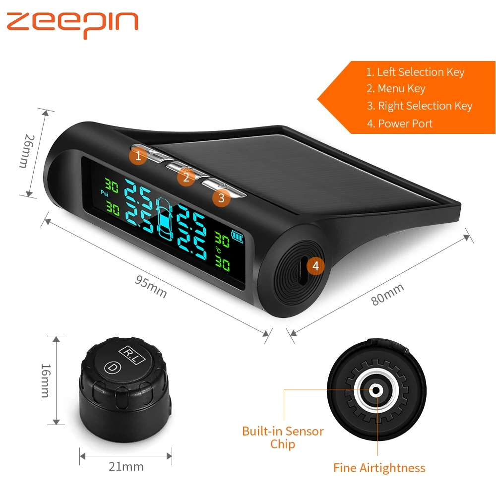 

Solar TPMS Car Tire Pressure Alarm Monitor System LCD 4 Internal/External Sensor Vehicle SUV Tyre Temperature Warning USB Charge