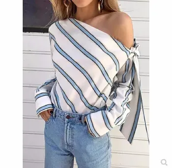 

Concise Fashion Wryshoulder Chalaza Stripe Casual Shirt Tshirt Women