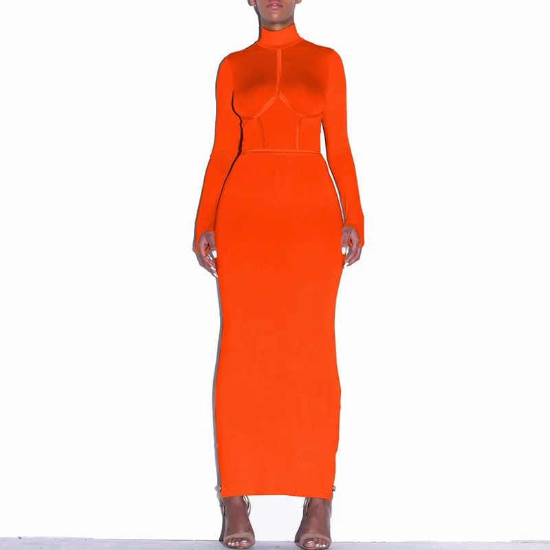 

Women Casual Turtleneck Cotton Skinny Long Dress Slim Fit Patchwork Long Sleeve Bodycon Dress Spring Sexy Solid Party Maxi Dress