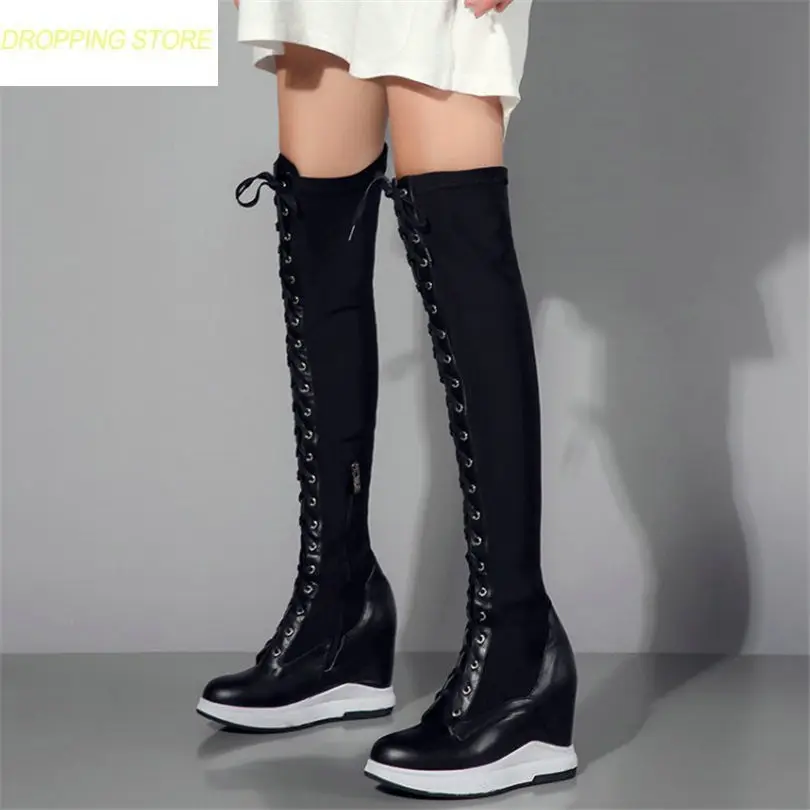 

Thigh High Boots Women Leather Lace Up Knee High Booties Wedges High Heel Tall Shaft Punk Sneakers Motorcyle Boots