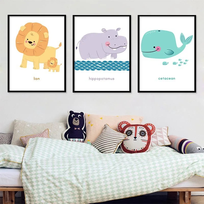 

Watercolor Lion Whale Canvas Painting Baby Nursery Hippo Wall Art Poster and Print Nordic Kids Decoration Picture Bedroom Decor