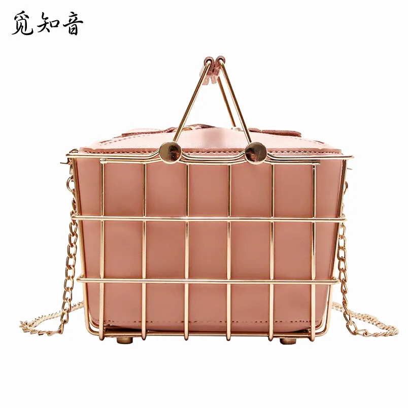 

Hardware Iron Basket Female Bag New Handbag High Quality Pu Leather Tote Bag Metal Women Bag Portable Chain Shoulder Bags