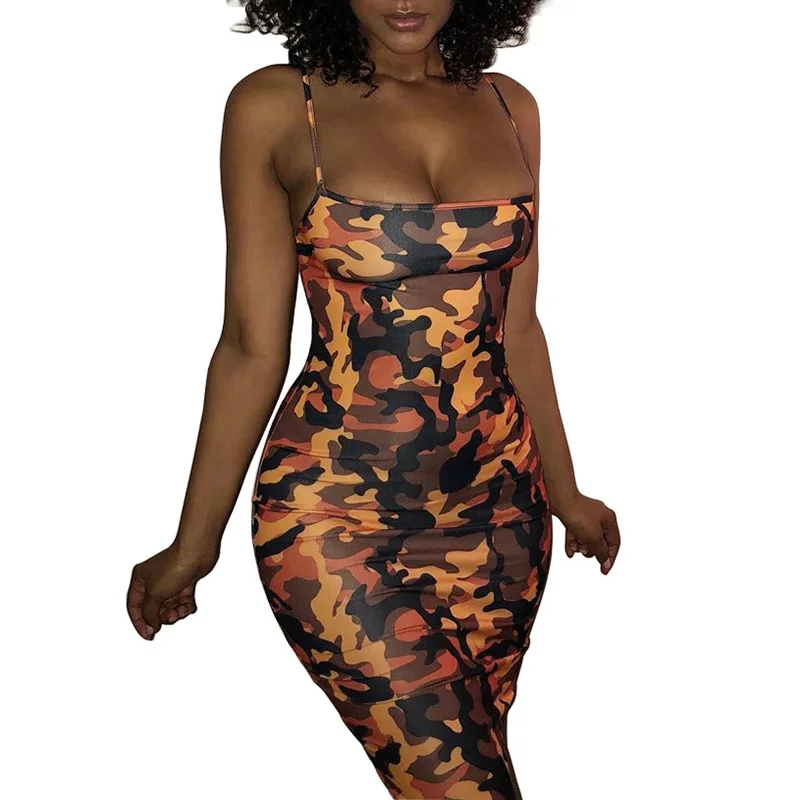 

Women Camouflage Bodycon Dress Spaghetti Shoulder Straps Sleeveless Plus Size Casual Pencil Dress Sexy Summer Mini Party Dress